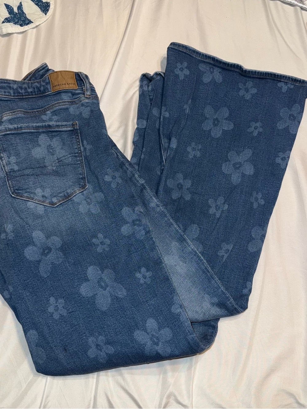 American Eagle Outfitters Dark Blue Floral Wide-Leg Jeans